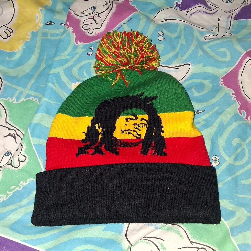 Y2K Bob Marley Winter Pom Ball Beanie Knit Hat Vintage